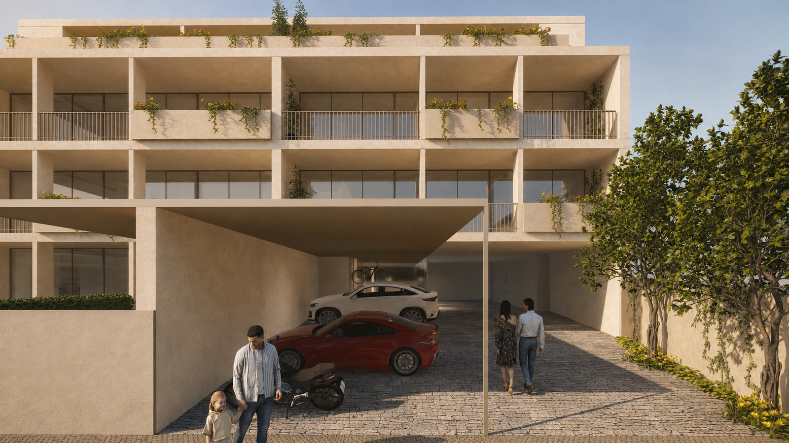 Imagem de projeto do pátio e estacionamento de Guetim — Espinho, com fachada em tons de pedra, varandas e vegetação.